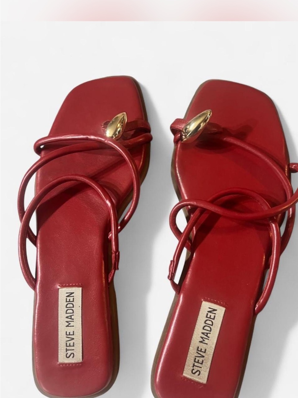 Steve Madden Red Strappy Square-Toe Sandals with Gold Accent